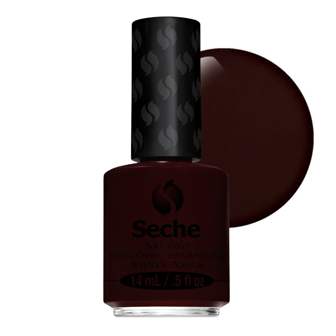 69220 Seche Mischievous Nail Vanish 14ml | A bottle of Seche Nail Lacquer in a deep dark burgundy shade, shown with a large circular color swatch behind it on a white background.