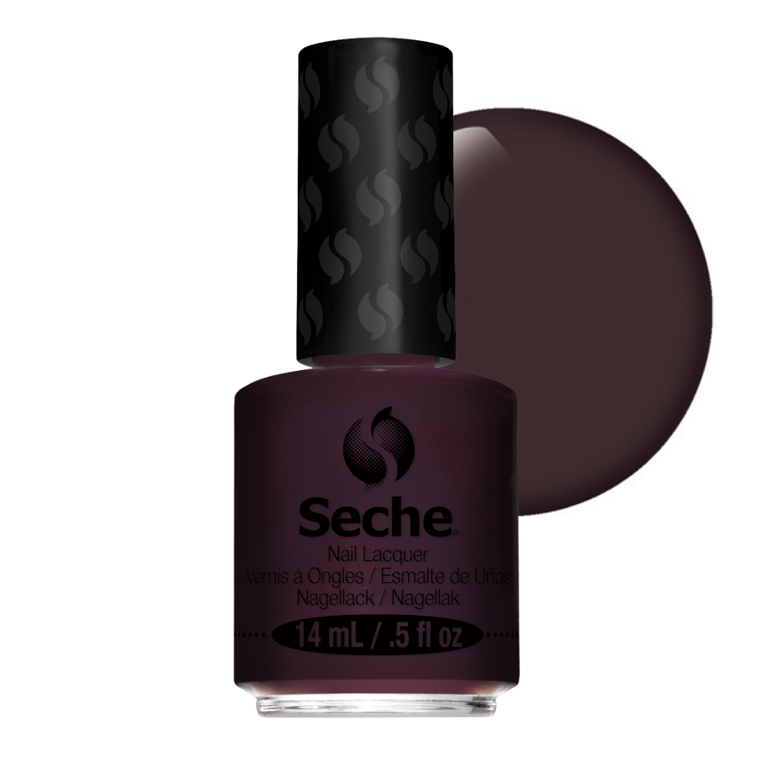 69221 Seche Risque Nail Vanish 14ml | A bottle of Seche nail lacquer in a deep plum-brown shade, shown with a large circular color swatch behind it on a white background.