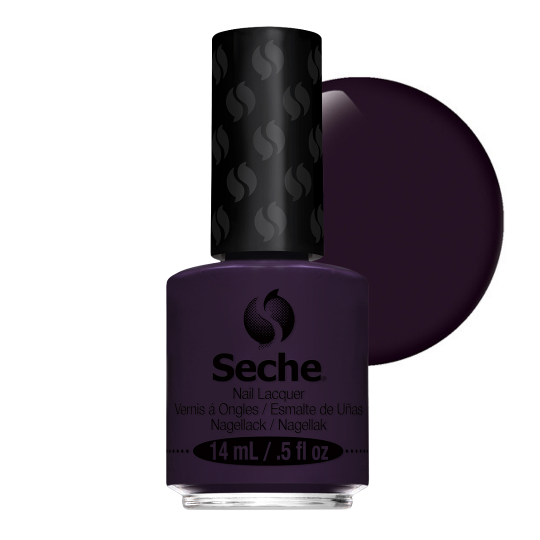 69222 Seche Empress Nail Vanish 14ml | A bottle of Seche nail lacquer in a deep dark purple shade, shown with a large circular color swatch behind it on a white background.