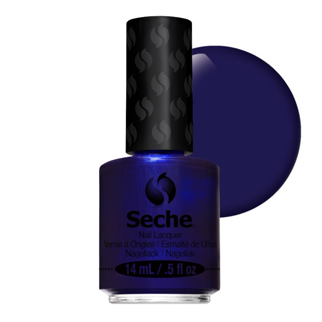 69223 Seche Hypnotic Nail Vanish 14ml | A bottle of Seche nail lacquer in a deep cobalt blue shade, shown with a large circular color swatch behind it on a plain white background.