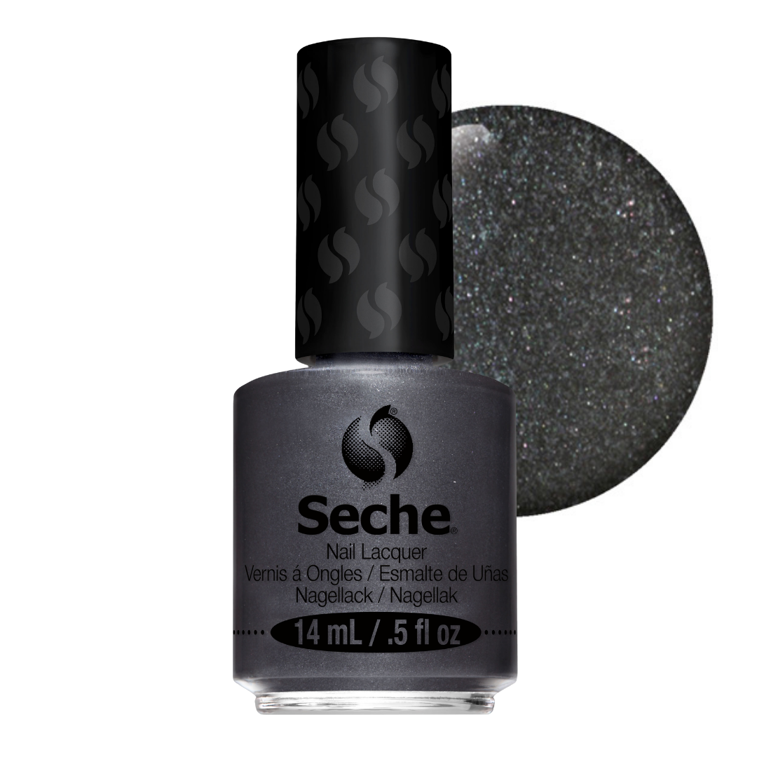 A bottle of Seche nail lacquer in a dark gray shade, shown with a circular color swatch behind it on a white background.