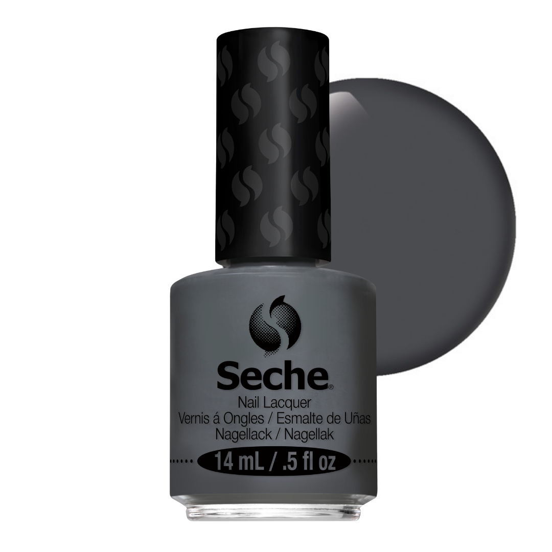 69225Seche Nouveau Nail Vanish 14ml | A bottle of Seche nail lacquer in a dark gray shade, shown with a circular color swatch behind it on a white background.