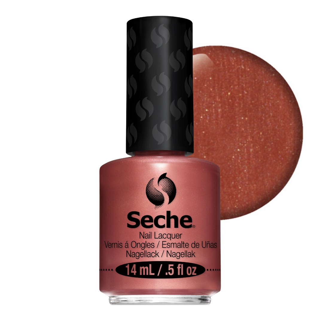 69226 Seche Elegant Nail Vanish 14ml | A bottle of Seche nail lacquer in a shimmering coppery rose shade, shown with a circular color swatch behind it on a white background.