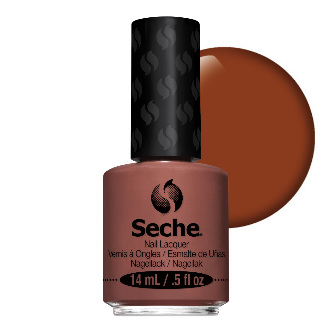 69227 Seche Chocolate Nail Vanish 14ml | A bottle of Seche nail lacquer in a warm terracotta brown shade, shown with a matching circular color swatch behind it on a white background.