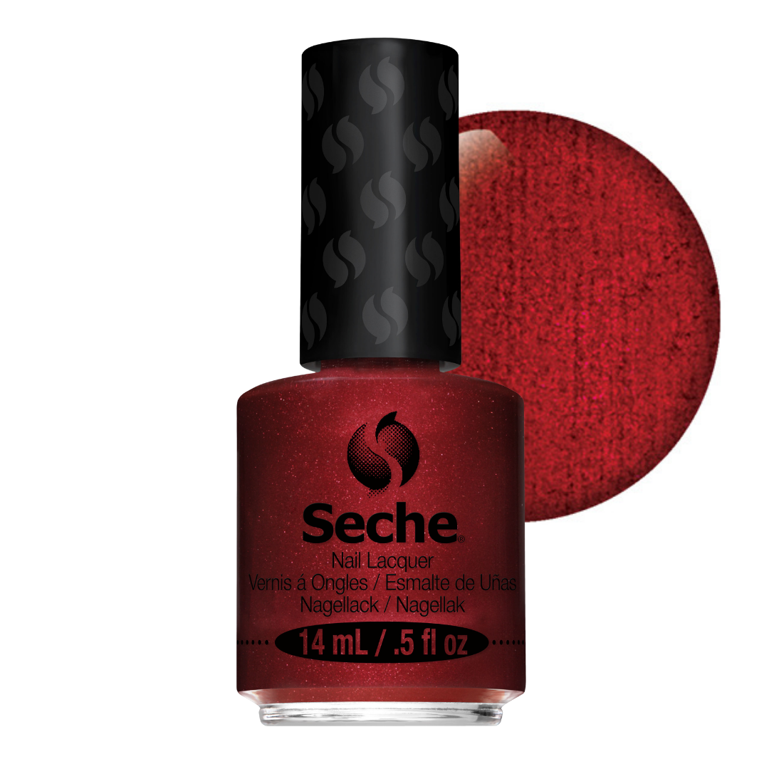 69229 Seche Iconic Nail Vanish 14ml | A bottle of Seche nail lacquer in a deep glittery red shade, shown with a circular color swatch of the same red polish behind it on a white background.