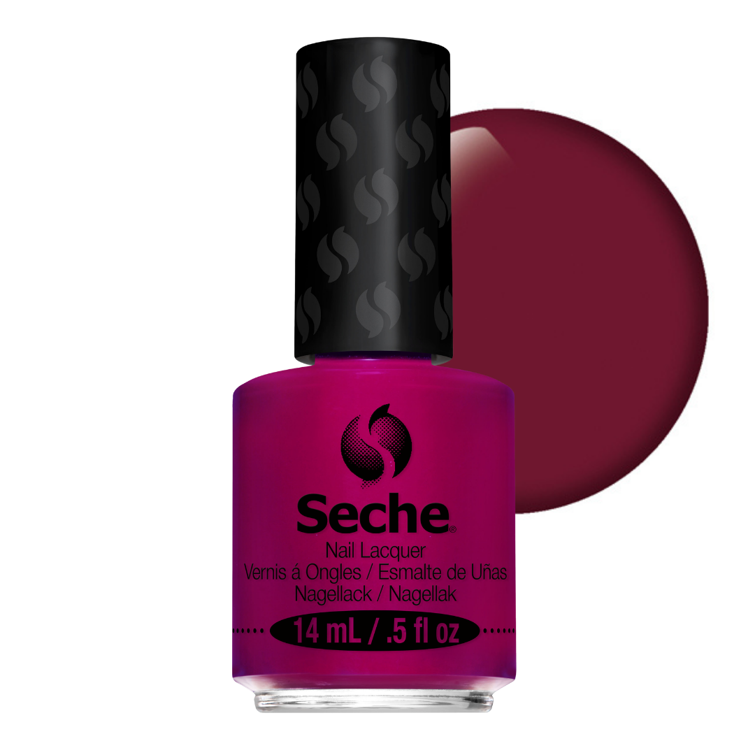 69239 Seche Irresistible Nail Vanish 14ml | A bottle of Seche nail lacquer in a deep burgundy shade, shown with a large circular color swatch behind it on a white background.