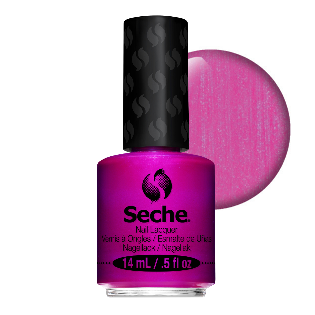 69240 Seche Magnifique Nail Vanish 14ml | A bottle of Seche nail lacquer in a bright magenta-pink shade, shown with a large circular color swatch behind it on a white background.