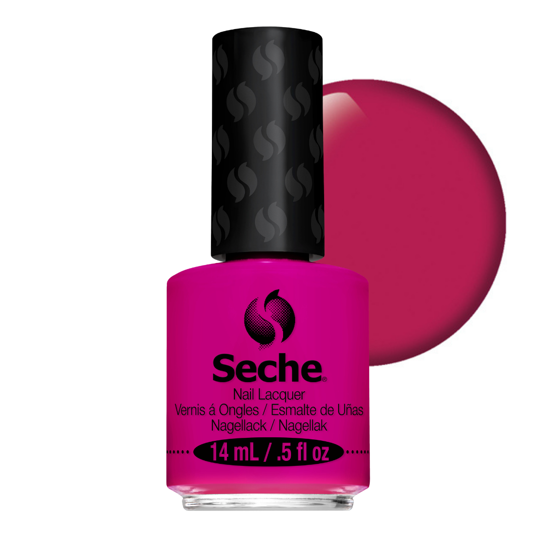 69242 Seche Rendesvouz Nail Vanish 14ml | A bottle of Seche nail lacquer in a vibrant magenta-pink shade, shown with a large circular color swatch of the same shade behind it on a white background.