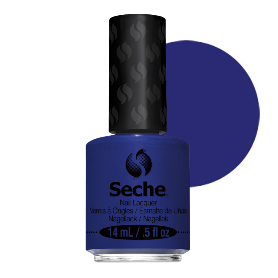 69291 Seche Wonderful Witty Nail Vanish 14ml | A bottle of Seche nail lacquer in a deep cobalt blue shade, shown with a large circular color swatch behind it on a plain white background.