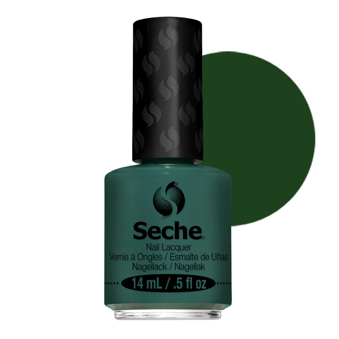 69292 Seche Versatile Nail Vanish 14ml | A bottle of Seche nail lacquer in a dark forest green shade, shown with a large matching green color swatch circle behind it on a white background.