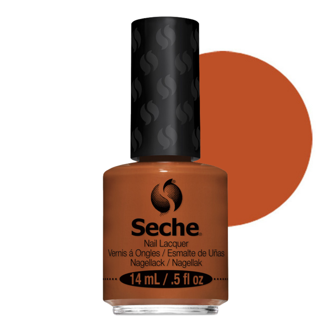 69293 Seche Silly But Sensible Nail Vanish 14ml | A bottle of Seche nail lacquer in a warm burnt orange shade, shown against a white background with a large matching orange color circle behind it.