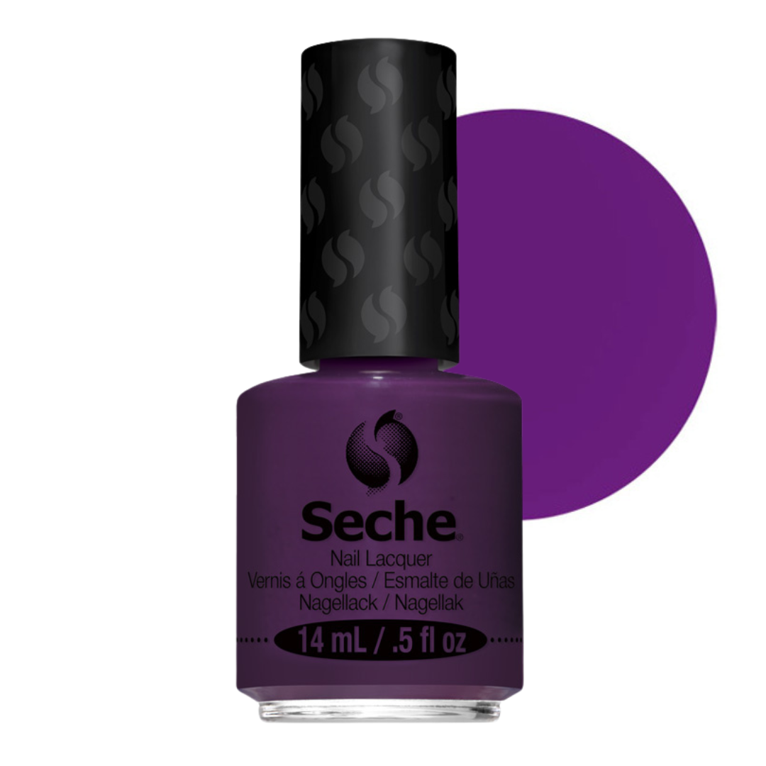69295 SECHE Clever and Confident Nail Polish 14ml |A bottle of Seche nail lacquer in a deep purple shade, shown with a large matching purple color swatch circle behind it on a white background.