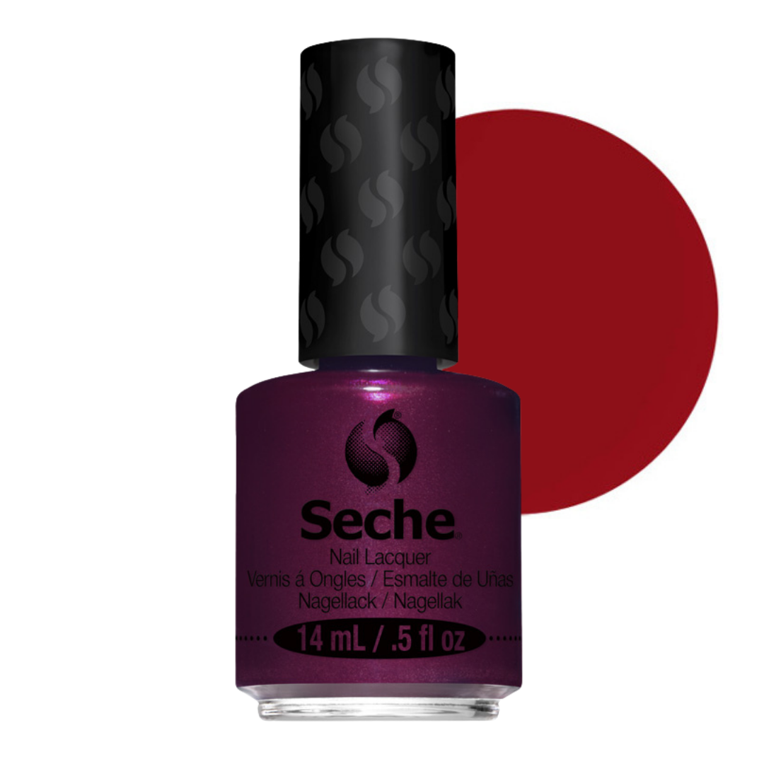 69296 Seche Intuition Nail Vanish 14ml | A bottle of Seche Nail Lacquer in a deep metallic purple shade, shown with a large red circular color swatch behind it on a white background.