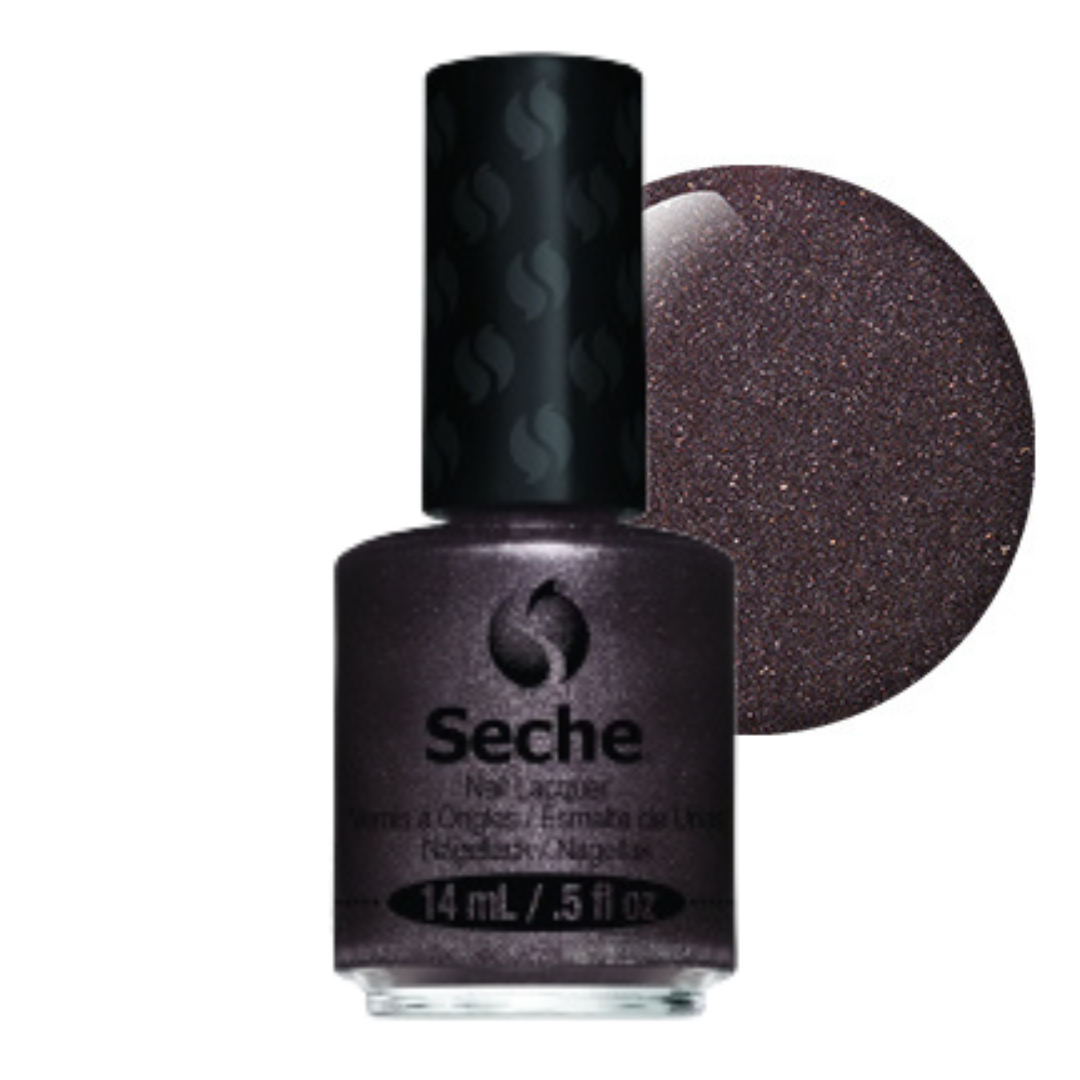 69342 Seche Captivating Nail Vanish 14ml | A bottle of Seche nail lacquer in a dark, shimmery plum-brown shade, shown next to a circular color swatch of the glittery polish on a white background.
