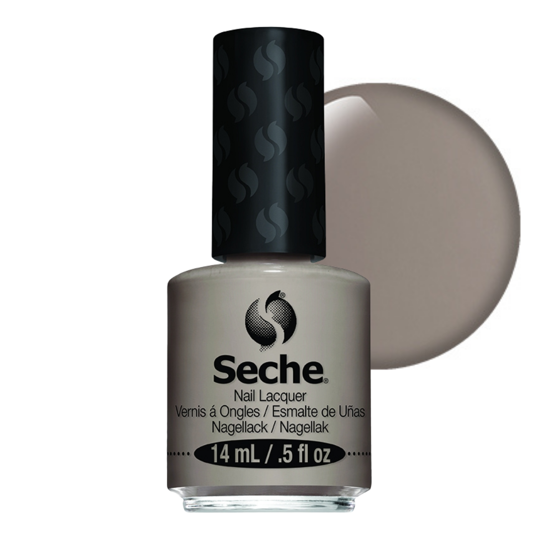 69344 Seche Sincerety Nail Vanish 14ml | A bottle of Seche Nail Lacquer in a light taupe-beige shade, shown with a large circular color swatch behind it on a white background.