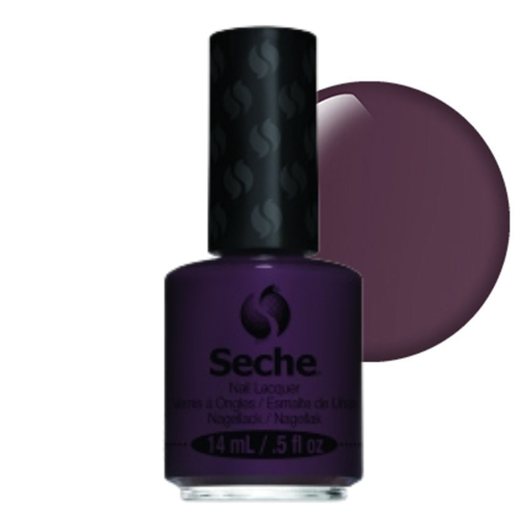 69346 Seche Enchantment Nail Vanish 14ml | A bottle of Seche nail lacquer in a deep purple shade, shown with a large circular color swatch of the same purple polish behind it on a white background.