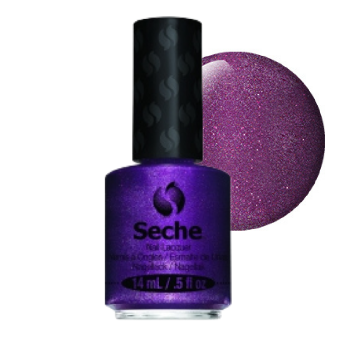 69347 Seche Uplifting Nail Vanish 14ml | A bottle of Seche nail lacquer in a sparkling purple shade, shown next to a circular color swatch of the same glittery purple polish on a white background.