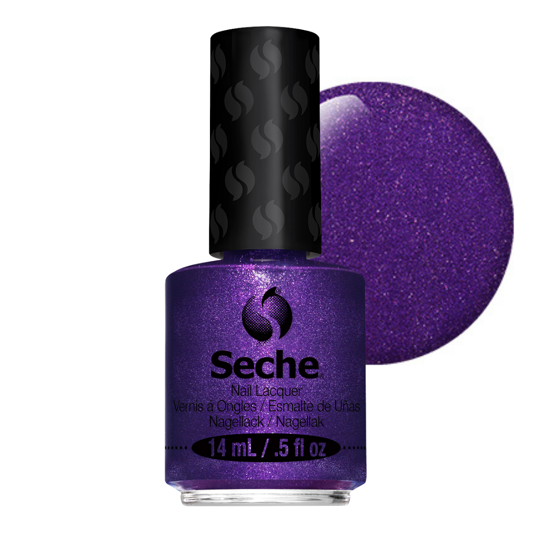 69352 Seche Nostalgic Nail Vanish 14ml | A bottle of Seche nail lacquer in a sparkling purple shade, shown with a large circular color swatch of the same glittery purple polish behind it on a white background.