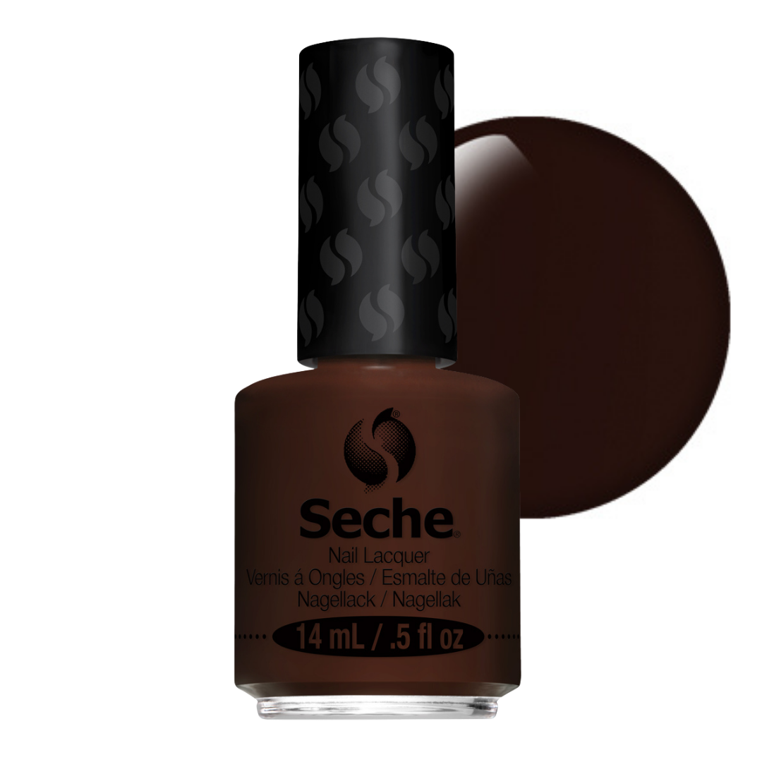 69365 Seche Astute Nail Vanish 14ml | A bottle of Seche nail lacquer in a deep dark brown shade, shown with a large matching circular color swatch behind it on a white background.