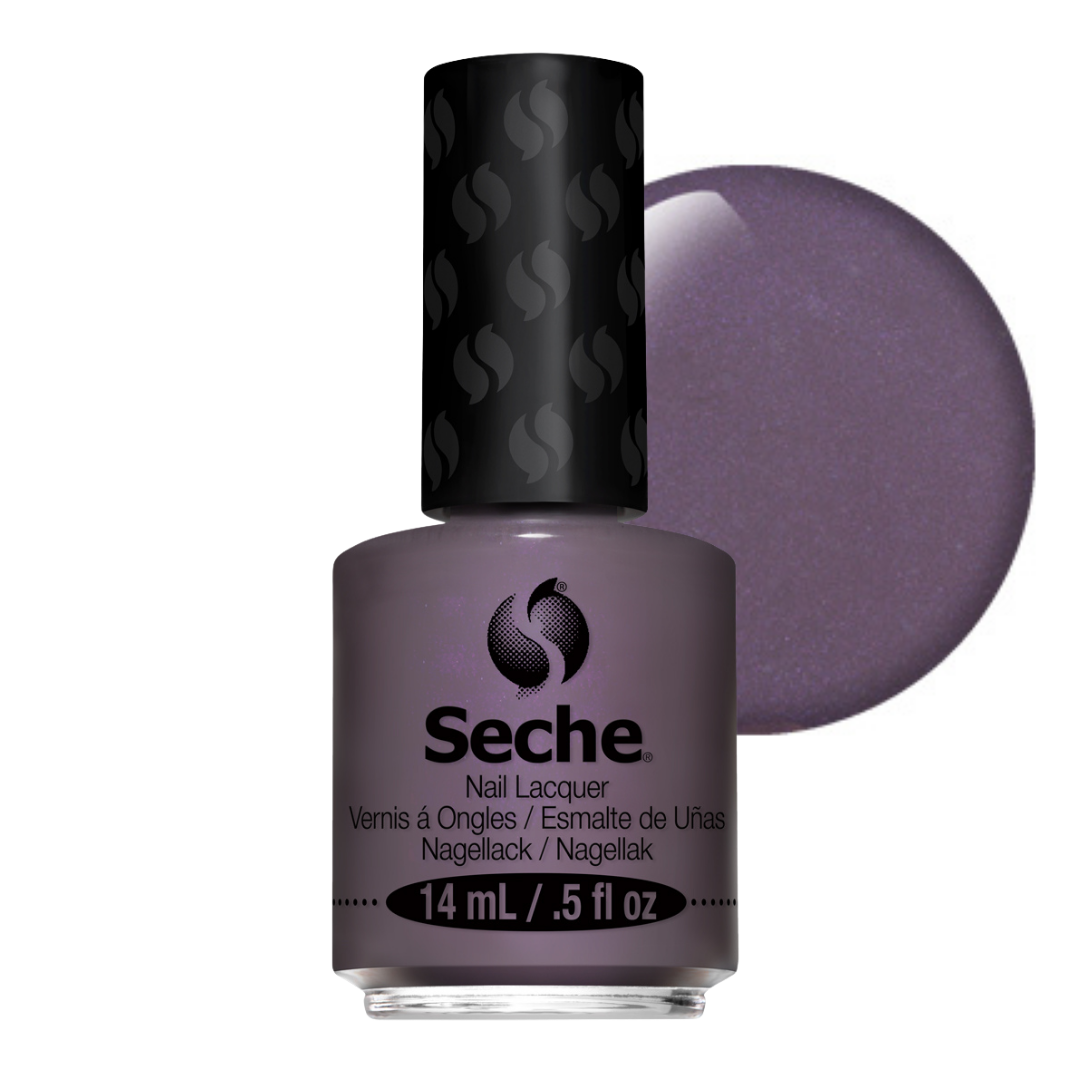69370 Seche Ostentatious Nail Vanish 14ml | A bottle of Seche Nail Lacquer in a dusty purple shade, shown with a large circular color swatch of the same purple polish behind it on a white background.