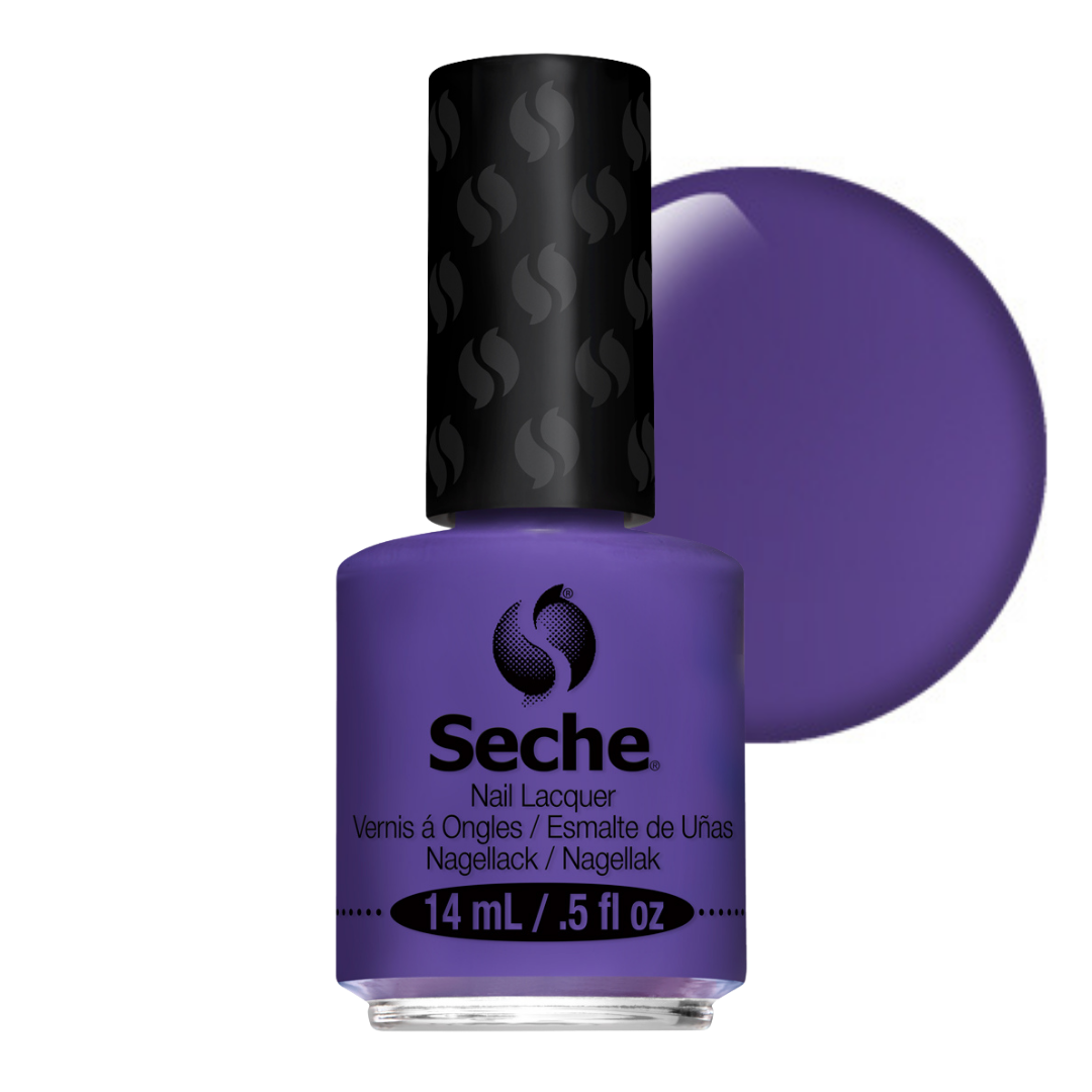 69371 Seche Orante Nail Vanish 14ml | A bottle of Seche nail lacquer in a deep purple shade, shown with a large matching purple color swatch circle behind it on a white background.