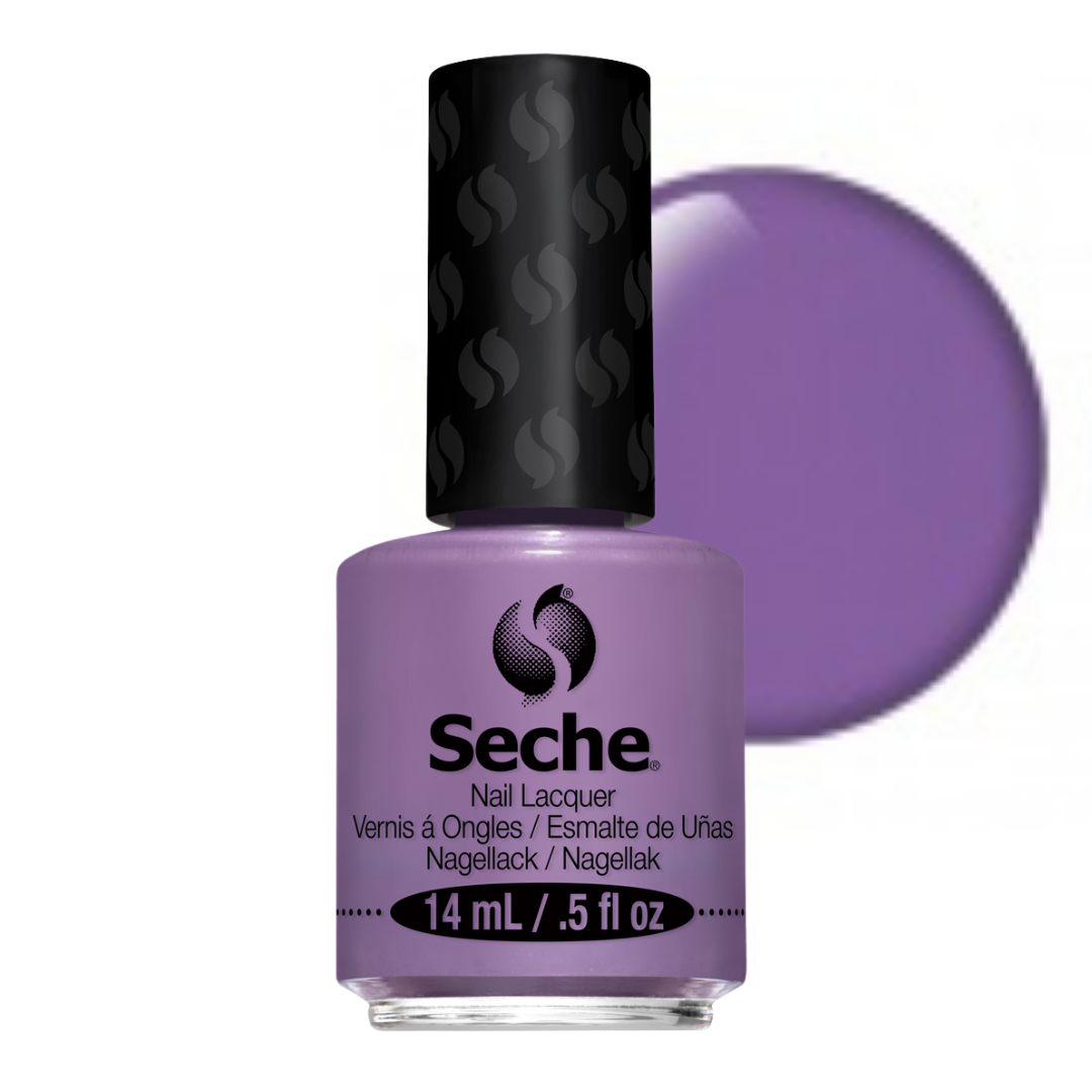 69373 Seche Legacy Nail Vanish 14ml | A bottle of Seche nail lacquer in a light purple shade, shown with a large matching purple color swatch circle behind it on a white background.