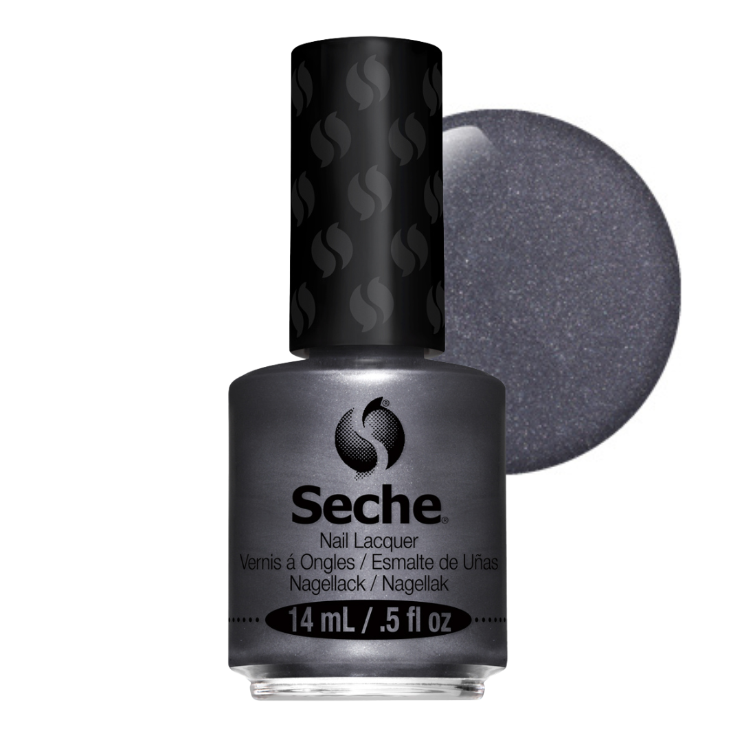 69379 Seche Metaphorical Nail Vanish 14ml | Seche Nail Lacquer bottle in a metallic dark gray shade, shown with a circular color swatch behind it on a white background.