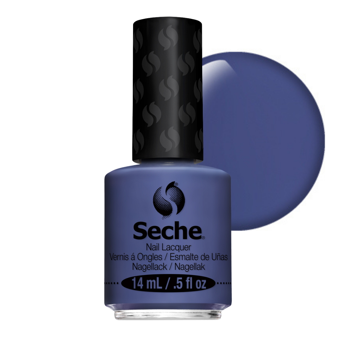 69383 Seche Remarkable Nail Vanish 14ml | A bottle of Seche nail lacquer in a muted periwinkle blue shade, shown with a large matching color circle behind it on a white background.