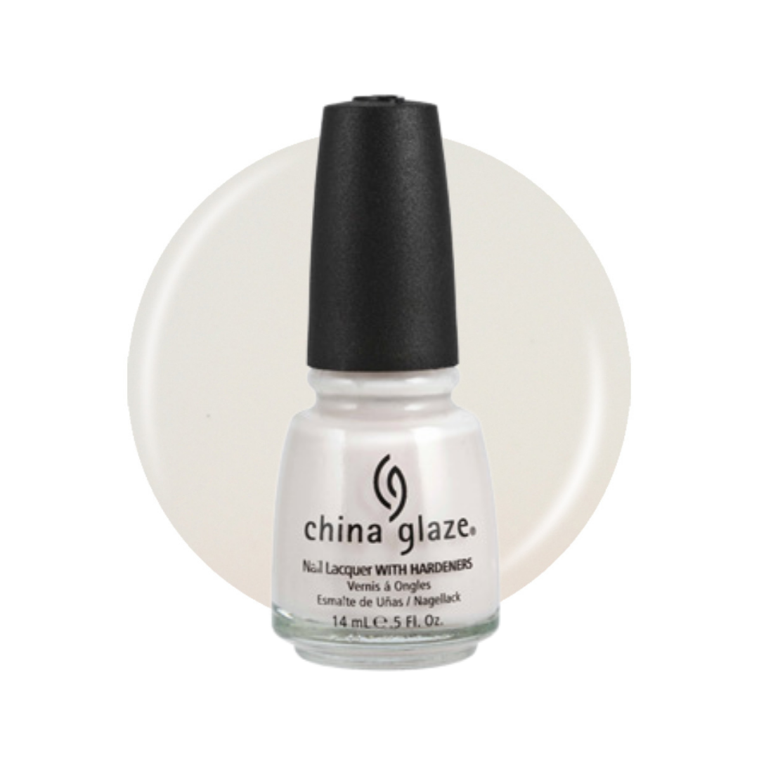 A bottle of China Glaze nail polish with hardeners in the shade Venee & Opalescent, featuring a black cap and a white bottle, set against a light cream circular background on a white studio backdrop.