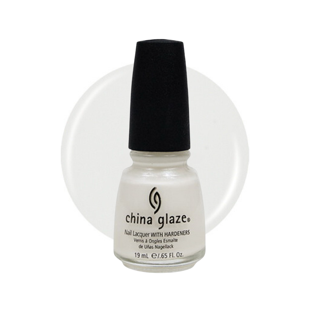 A bottle of China Glaze nail polish with hardeners in a pearlescent white shade, featuring a black cap and a circular white background swatch.