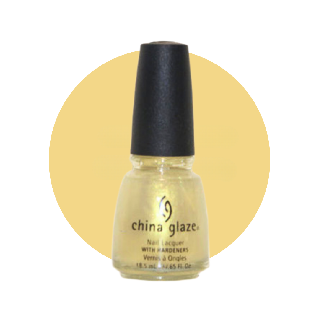 A bottle of China Glaze nail polish in a pale-yellow gold shade, shown against a white background with a large pale-yellow gold circular color swatch behind it.
