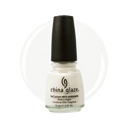 A bottle of China Glaze nail polish with a black cap, containing a clear, colorless liquid, set against a white background with a faint circular gradient.