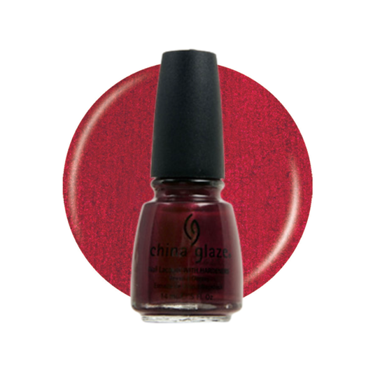 A bottle of China Glaze nail polish in a deep red glitter shade, shown in front of a matching red glitter color swatch on a white background.