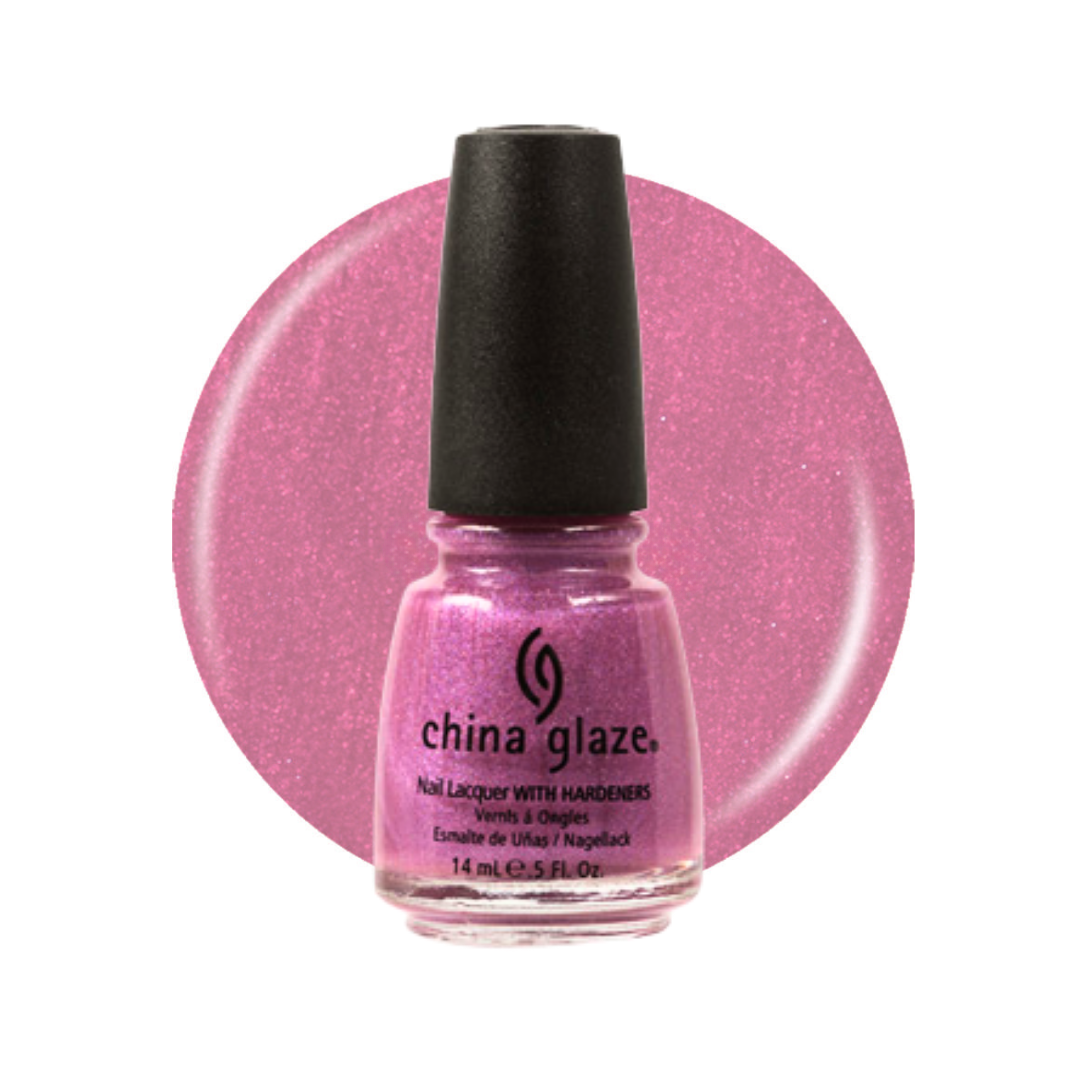 A bottle of China Glaze nail polish in a sparkling pink shade, set against a matching pink circular swatch on a white background.