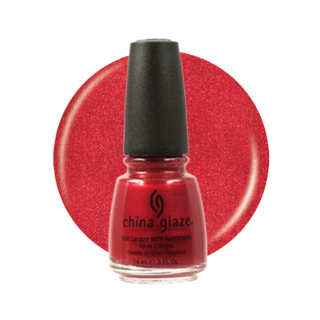 A bottle of China Glaze nail polish in a glittery red shade, shown in front of a large matching red glitter swatch on a white background.