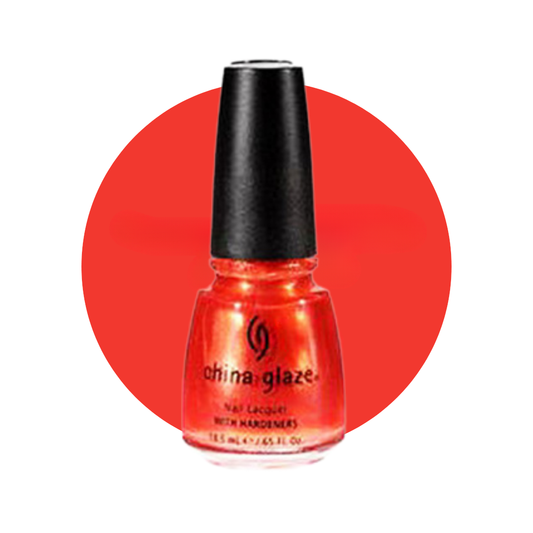 A bottle of China Glaze nail polish in a bright orange-red shimmer shade, shown against a white background with a large red circular color swatch behind it.