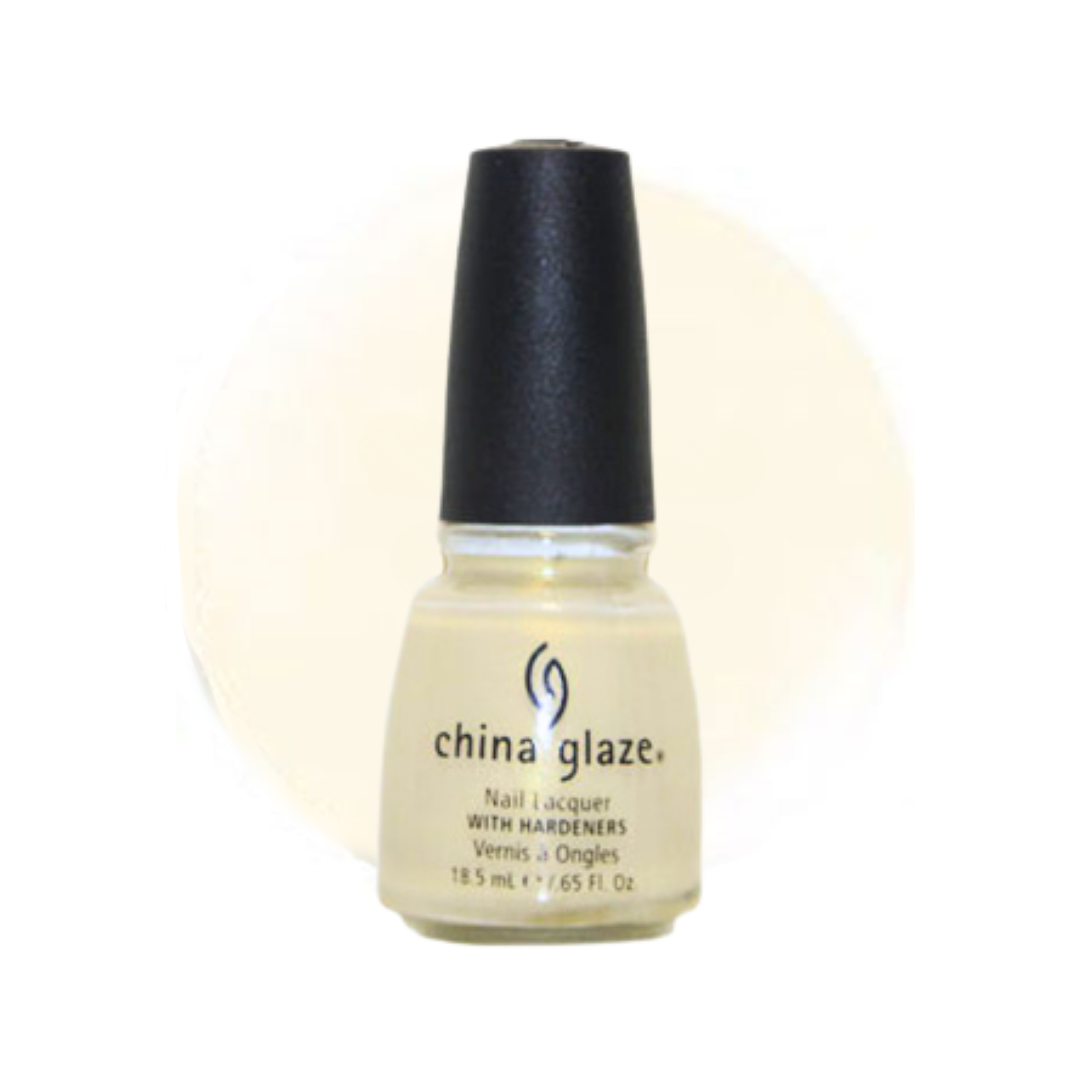 A bottle of China Glaze nail polish with hardeners in a light cream shade, featuring a black cap and a black printed logo on the front, set against a white background with a soft cream-colored oval shadow.