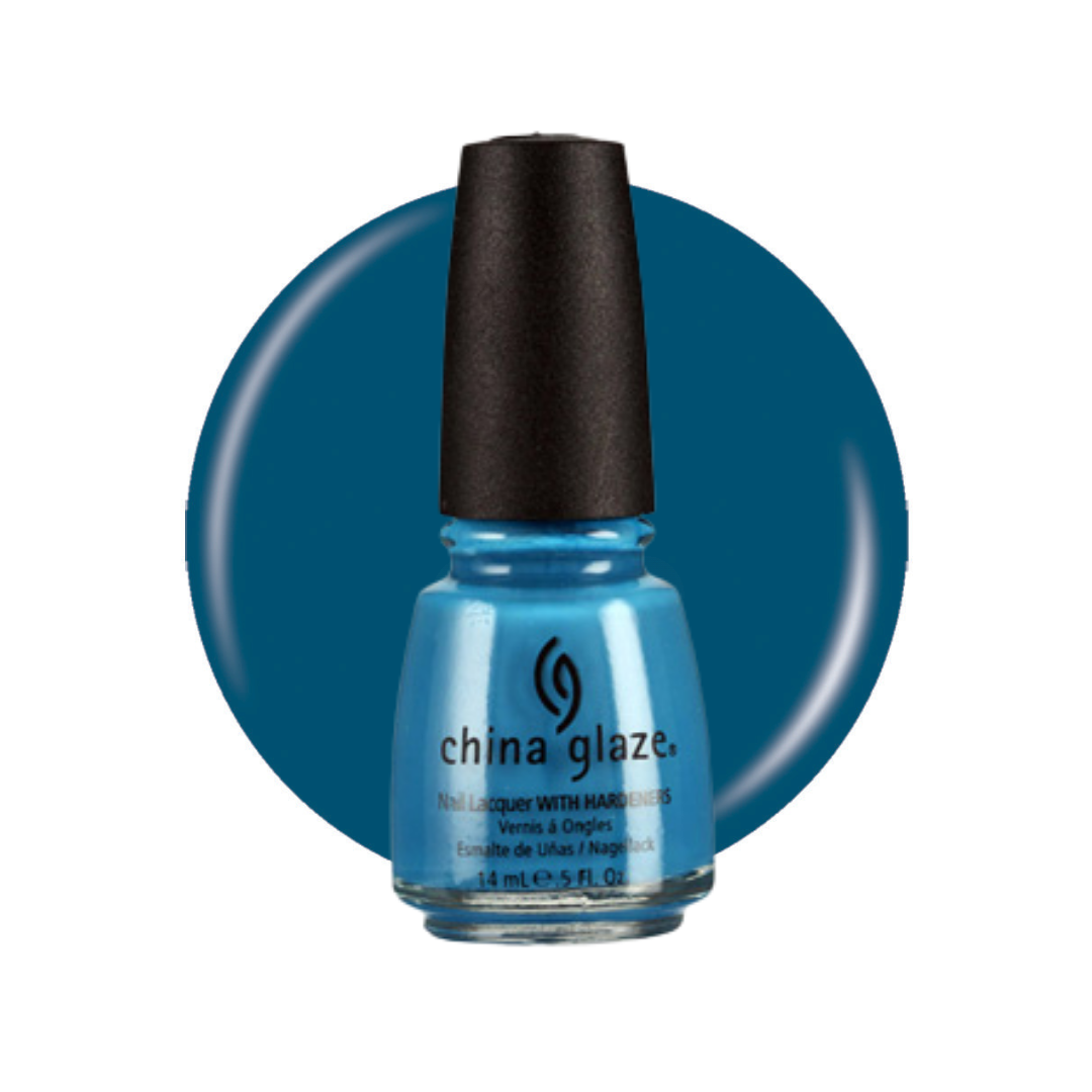 A bottle of China Glaze nail polish in a medium teal-blue shade, shown in front of a matching circular color swatch on a white background.