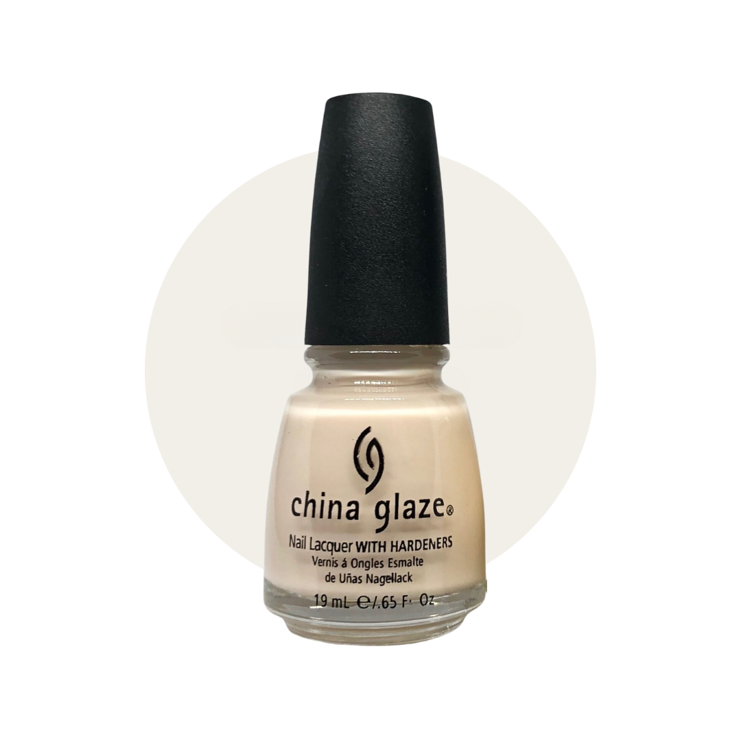 A bottle of China Glaze nail polish with hardeners in a warm cream shade, featuring a black cap and a light beige circular background on a white canvas.