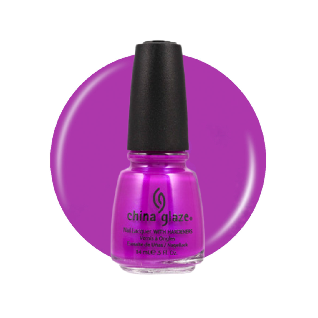 A bottle of China Glaze nail polish in a bright magenta-purple shade, shown in front of a matching circular color swatch on a white background.