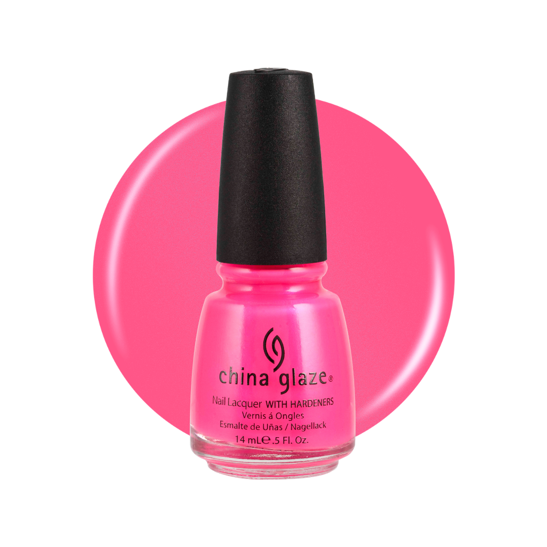 A bottle of China Glaze nail lacquer in a bright hot pink shade, shown against a white background with a large matching pink color circle behind it.