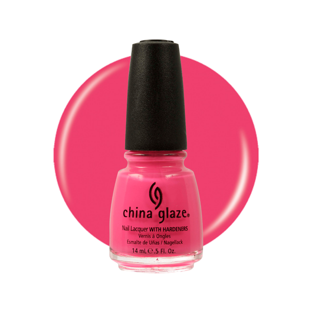 A bottle of China Glaze nail polish in a bright hot pink shade, shown against a matching hot pink circular swatch on a white background.