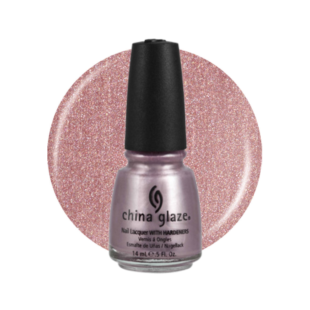 A bottle of China Glaze nail polish in a sparkling light pink shade, shown in front of a matching circular glitter swatch on a white background.