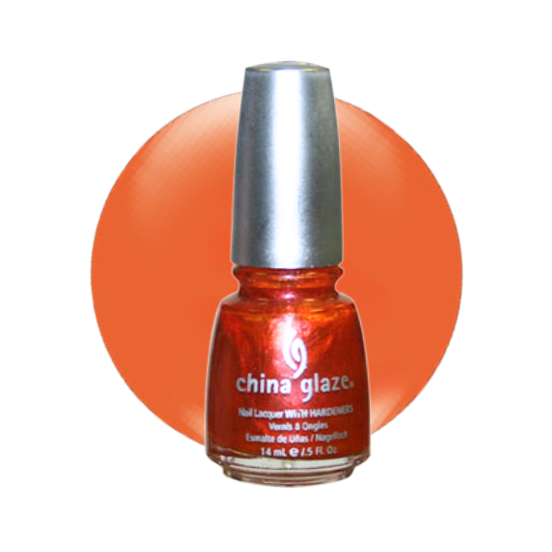 A bottle of China Glaze nail polish with a metallic silver cap, featuring a shimmering orange-red lacquer, set against a solid orange circular background on a white backdrop.