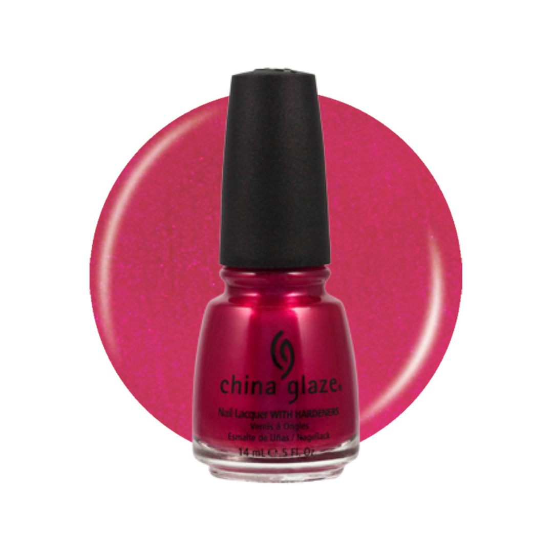 A bottle of China Glaze nail polish in a vibrant metallic magenta-pink shade, shown in front of a matching circular color swatch on a white background.