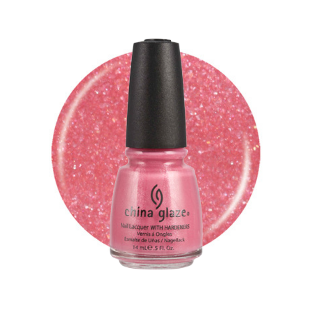 A bottle of China Glaze nail polish with hardener in a sparkling pink shade, shown in front of a matching circular swatch on a white background.