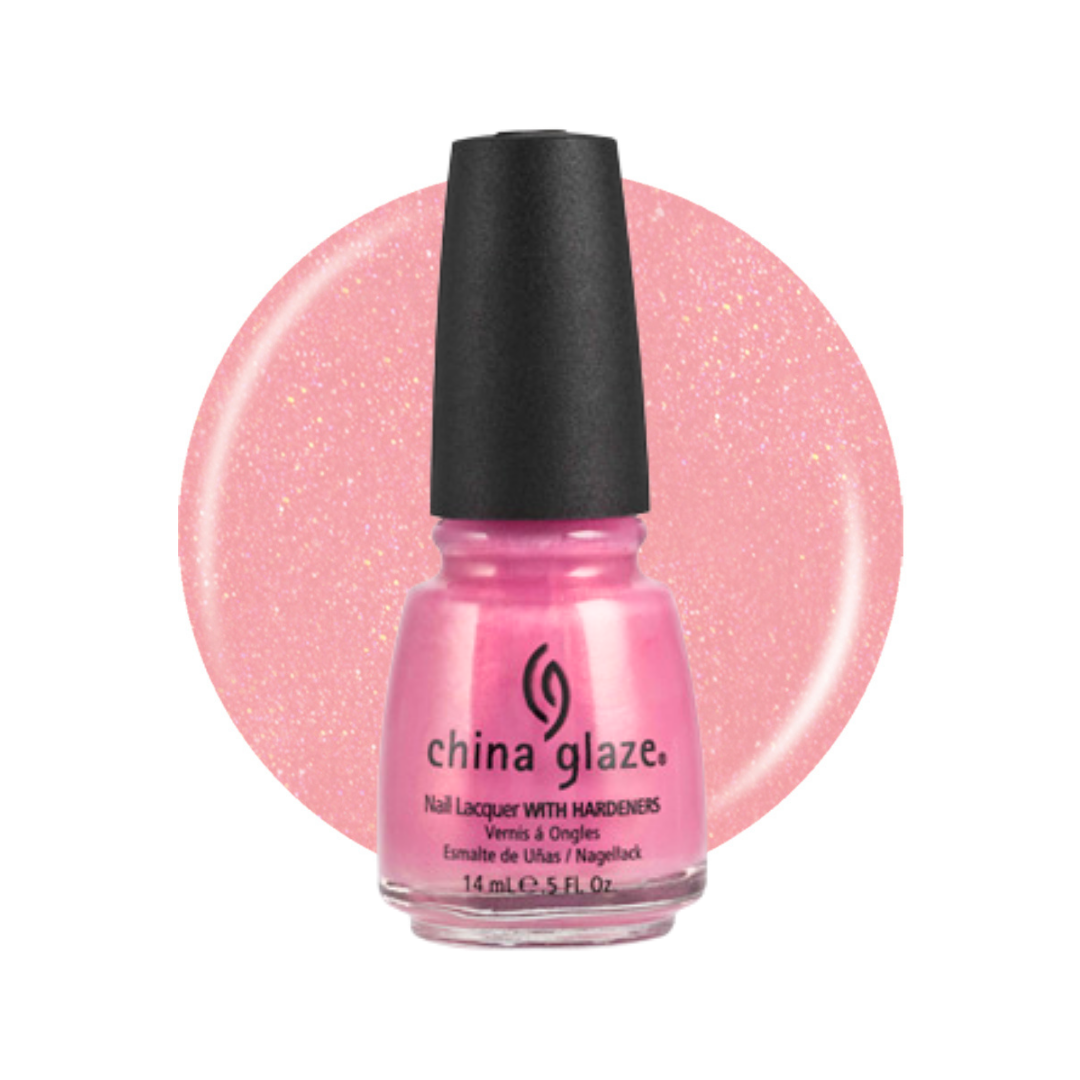 A bottle of China Glaze nail polish in a sparkling light pink shade, shown with a large matching pink glitter swatch circle behind it on a white background.