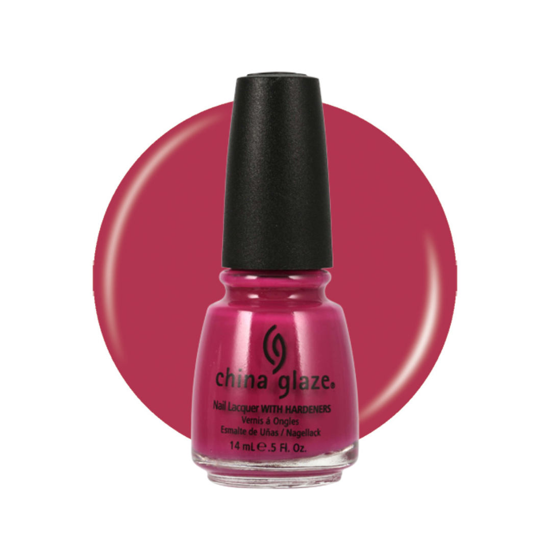 A bottle of China Glaze nail polish with hardeners in a vibrant magenta-pink shade, shown in front of a matching circular color swatch on a white background.