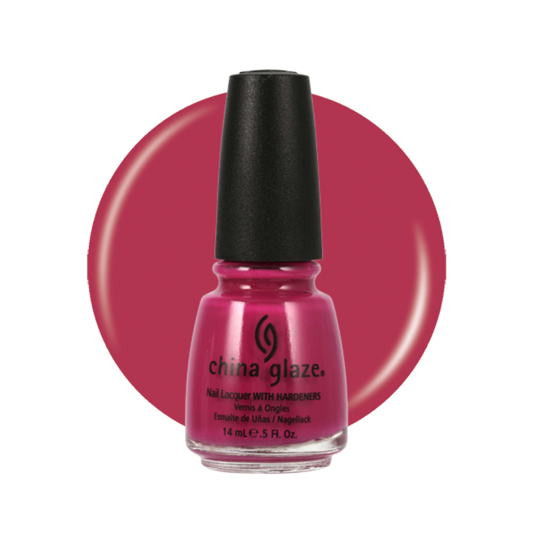 A bottle of China Glaze nail polish with hardeners in a vibrant magenta-pink shade, shown against a white background with a large circular color swatch behind it.