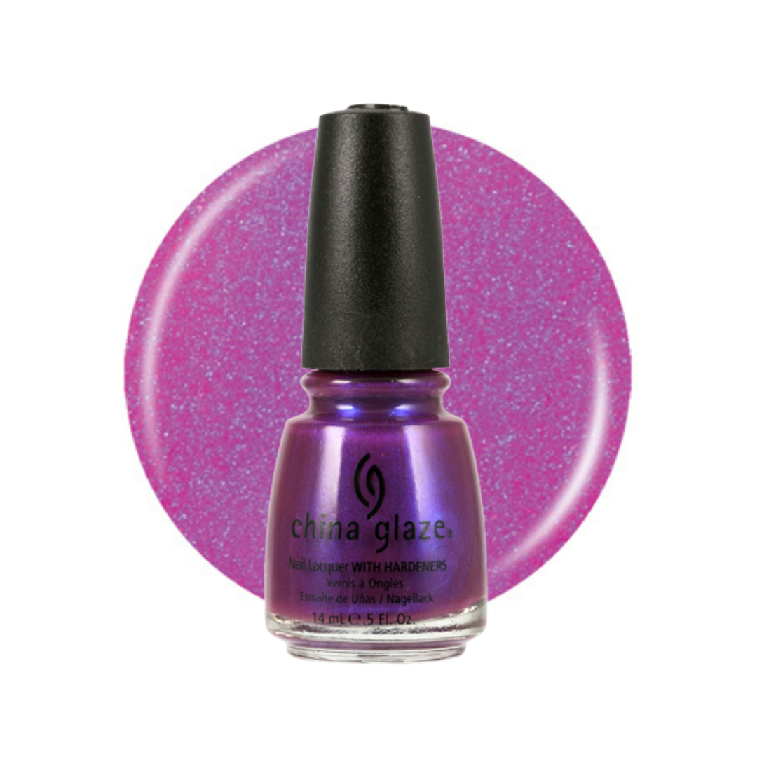 A bottle of China Glaze nail polish in a sparkly purple shade, shown in front of a matching circular swatch on a white background.